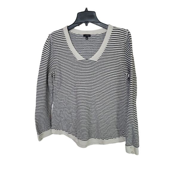 Talbots Black Striped V-Neck Knit Long Sleeve Pullover Sweater Womens Size Large - Picture 1 of 12